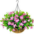 Pink Faux Azalea Hanging Basket in Pot Planter P4094