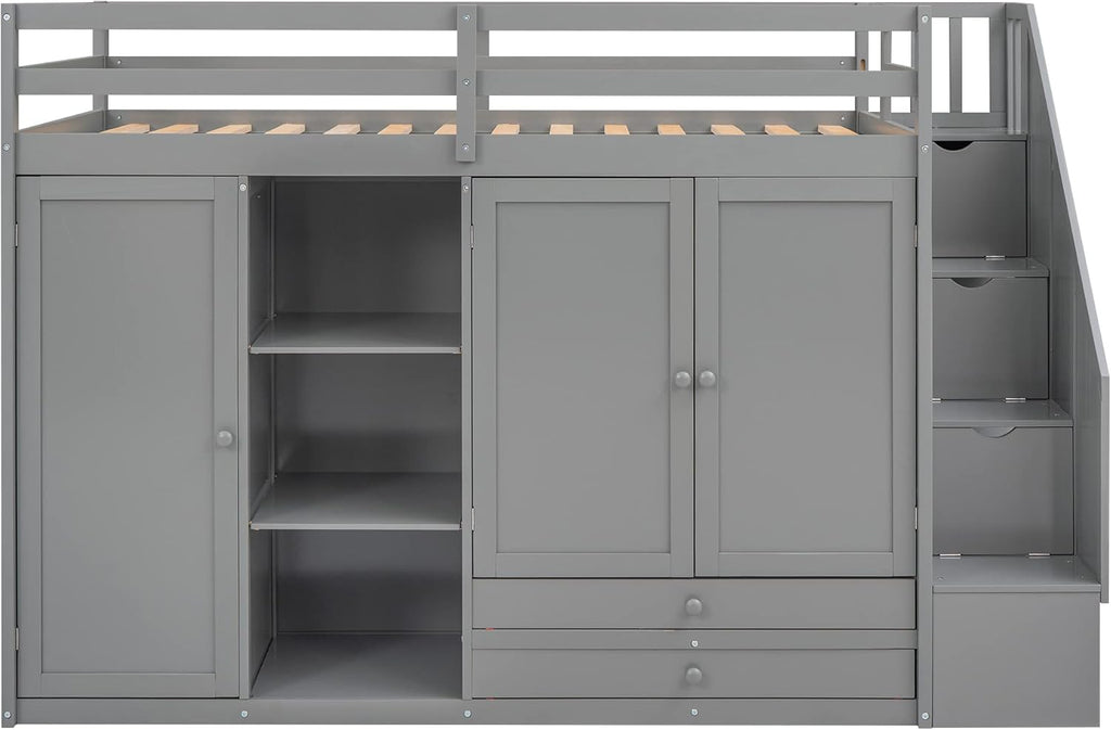 Twin Size Wooden Loft Bed with 3 Shelves, 2 Wardrobes, 2 Drawers, Ladder V848045