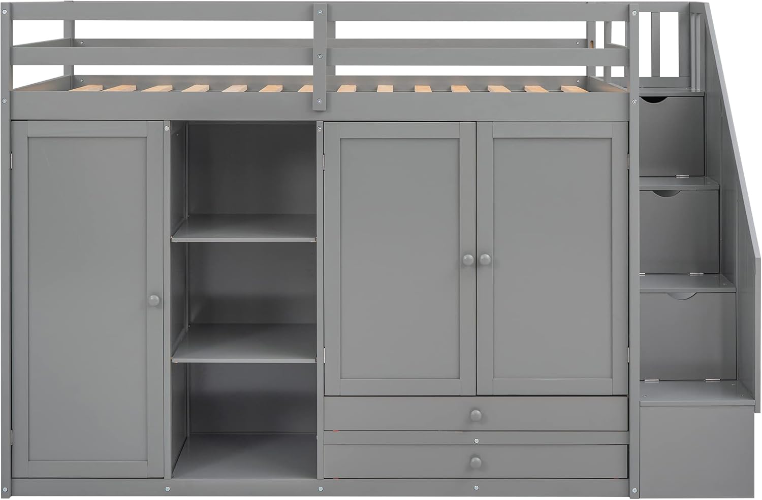 Twin Size Wooden Loft Bed with 3 Shelves, 2 Wardrobes, 2 Drawers, Ladder V848045