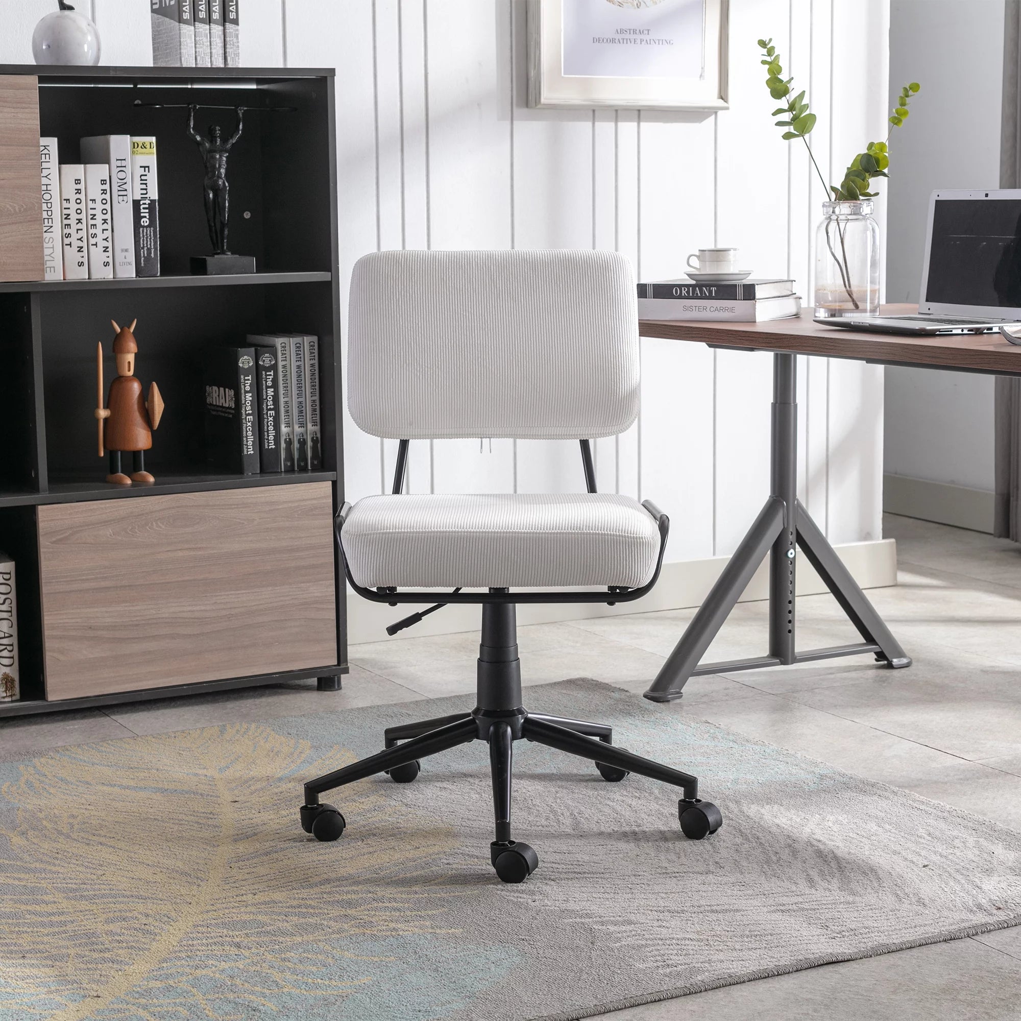 White Corduroy Swivel Desk Chair with Wheels A118517
