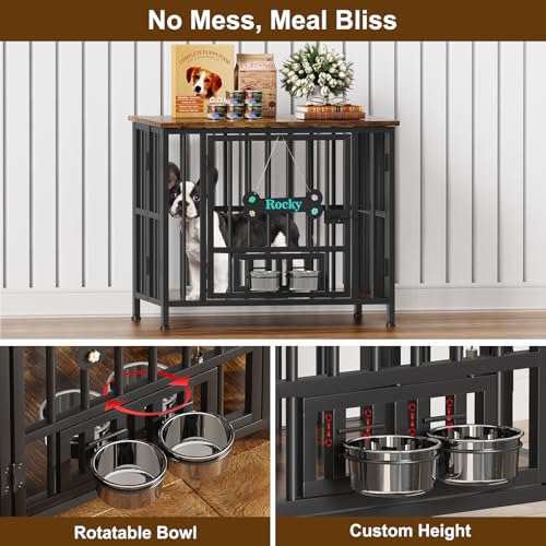 Rustic Brown Wooden Dog Crate Furniture with Adjustable Bowls R6620