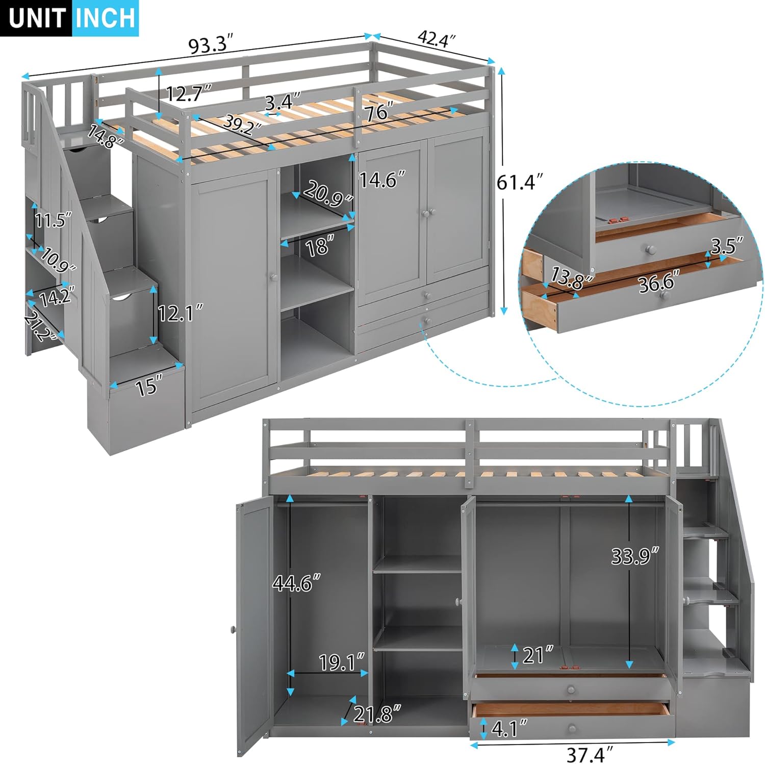 Twin Size Wooden Loft Bed with 3 Shelves, 2 Wardrobes, 2 Drawers, Ladder V848045
