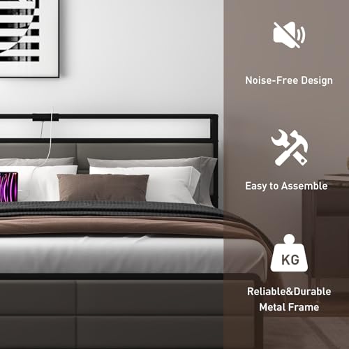 Grey Full Size Bed Frame with 4 Storage Drawers Q115945