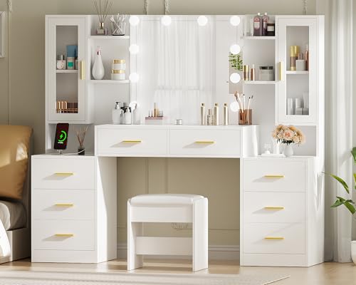 White Large Vanity Desk with Mirror and Lights 8 Drawers C6305