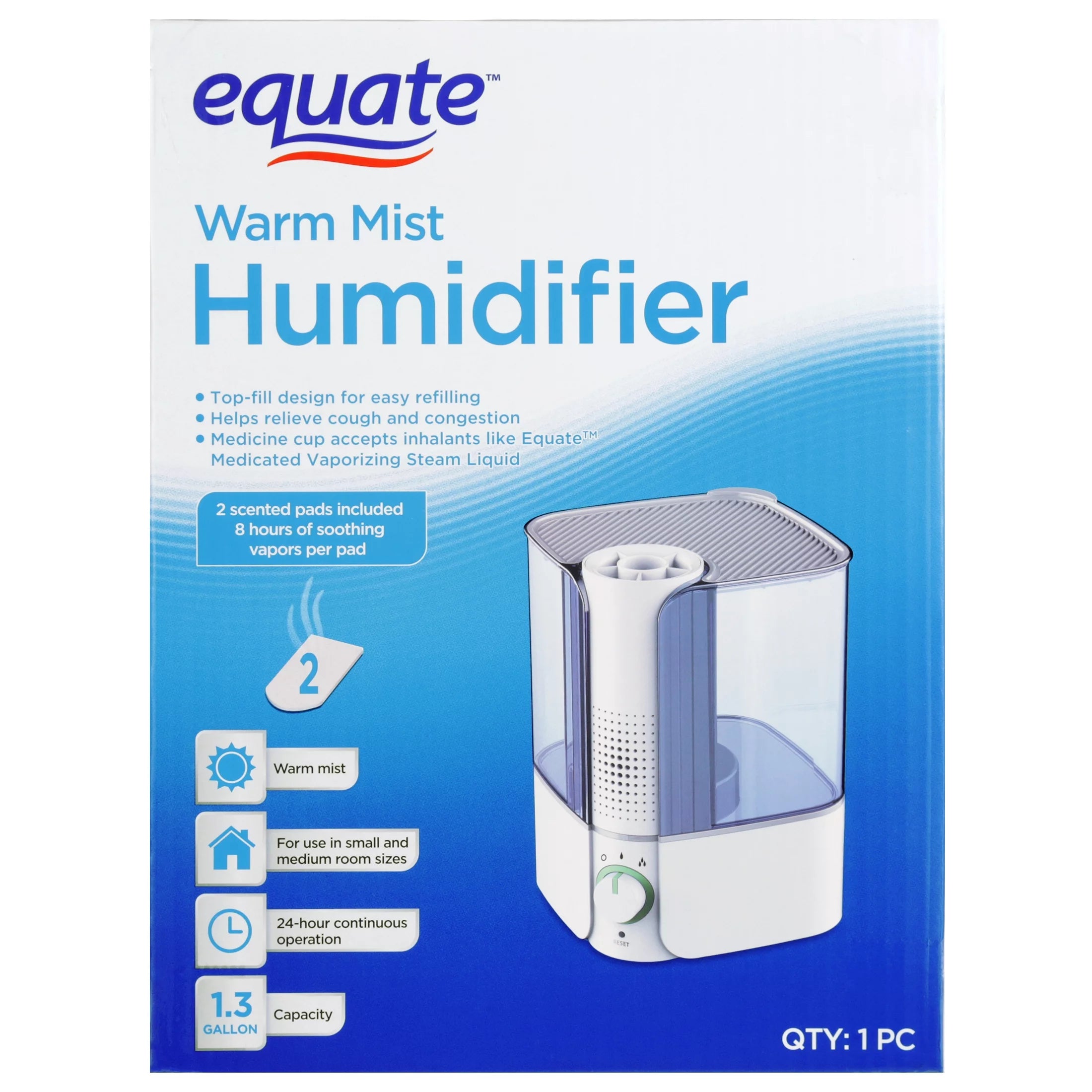 Warm Mist Humidifier, Filter Free, White & Blue, Top Fill, 1.3 Gallon N946