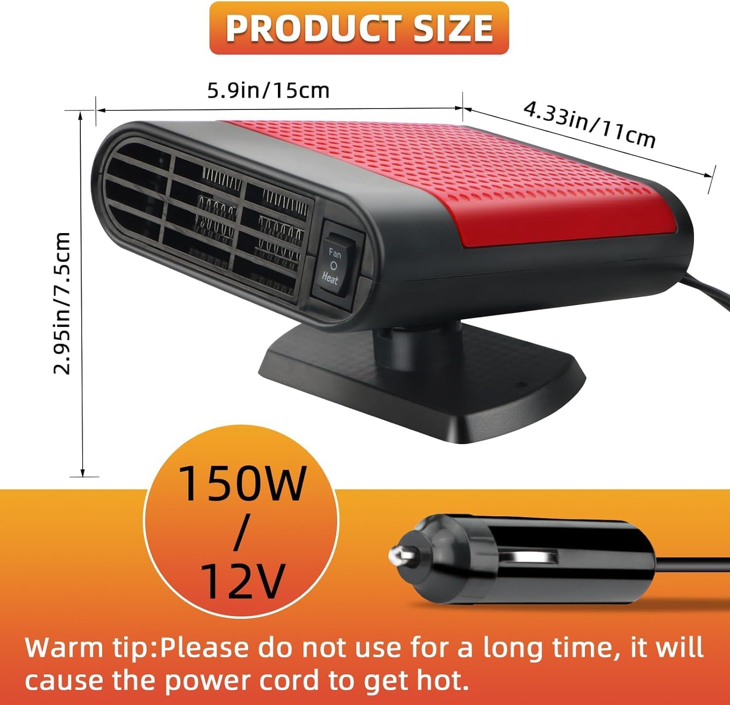 12V 150W Portable Car Heater Defroster with 360-Degree Suction Holder Z37258