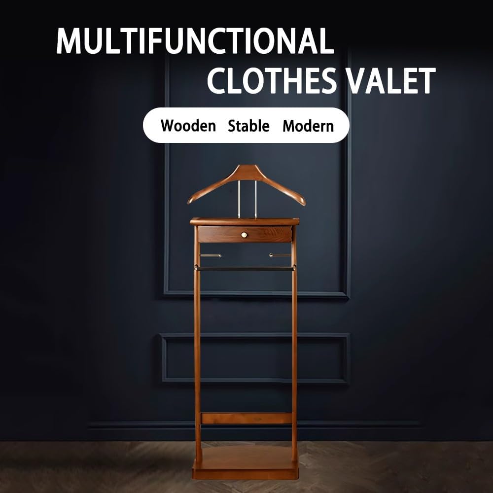 Solid Wood Suit Rack with Pants Bracket, Metal Valet Stand with Heavy Base, Wooden Clothes Valet with Tie Holder G1920