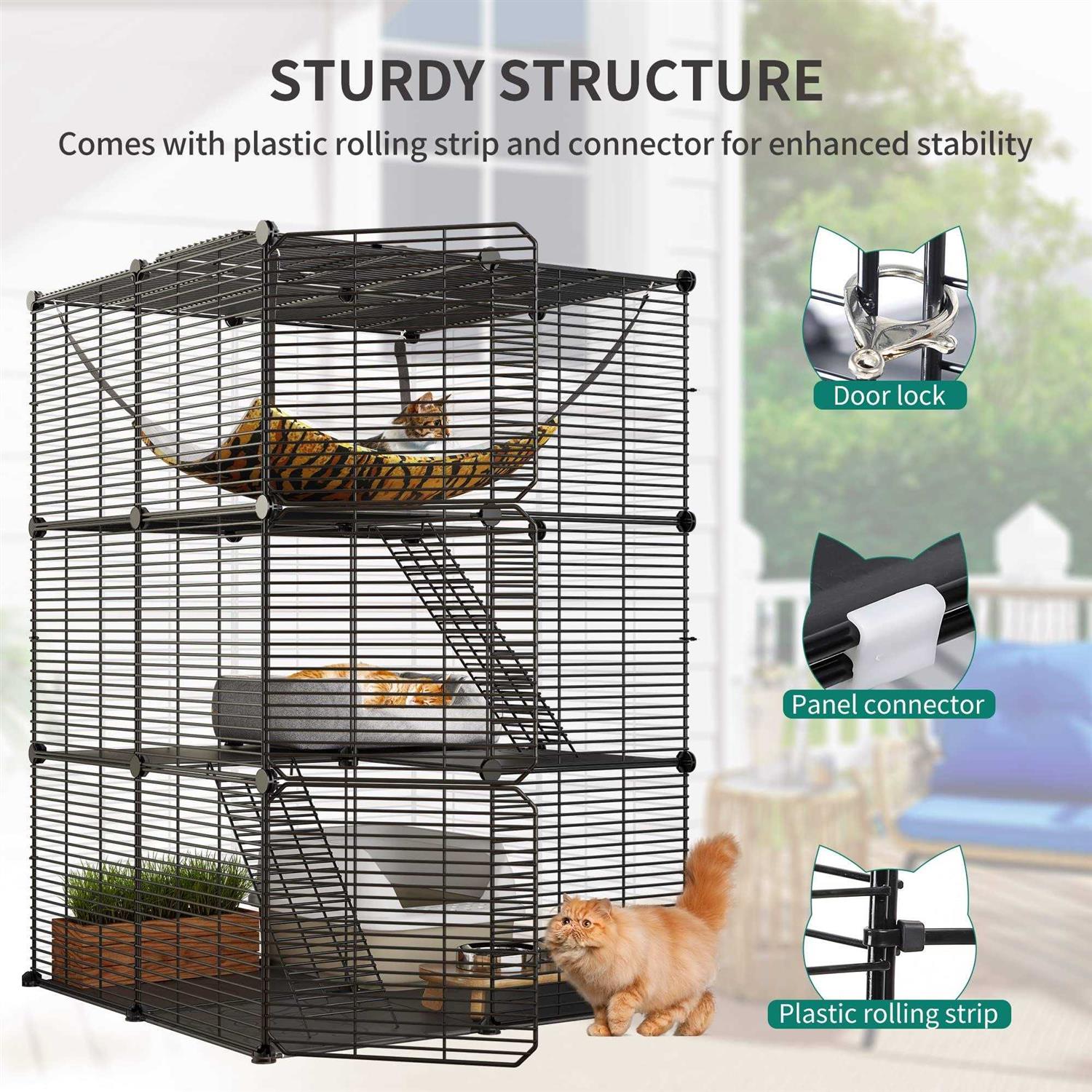 Cat Cage Indoor Cat Enclosures DIY Cat Playpen Metal Kennel with Extra Large Hammock X8798