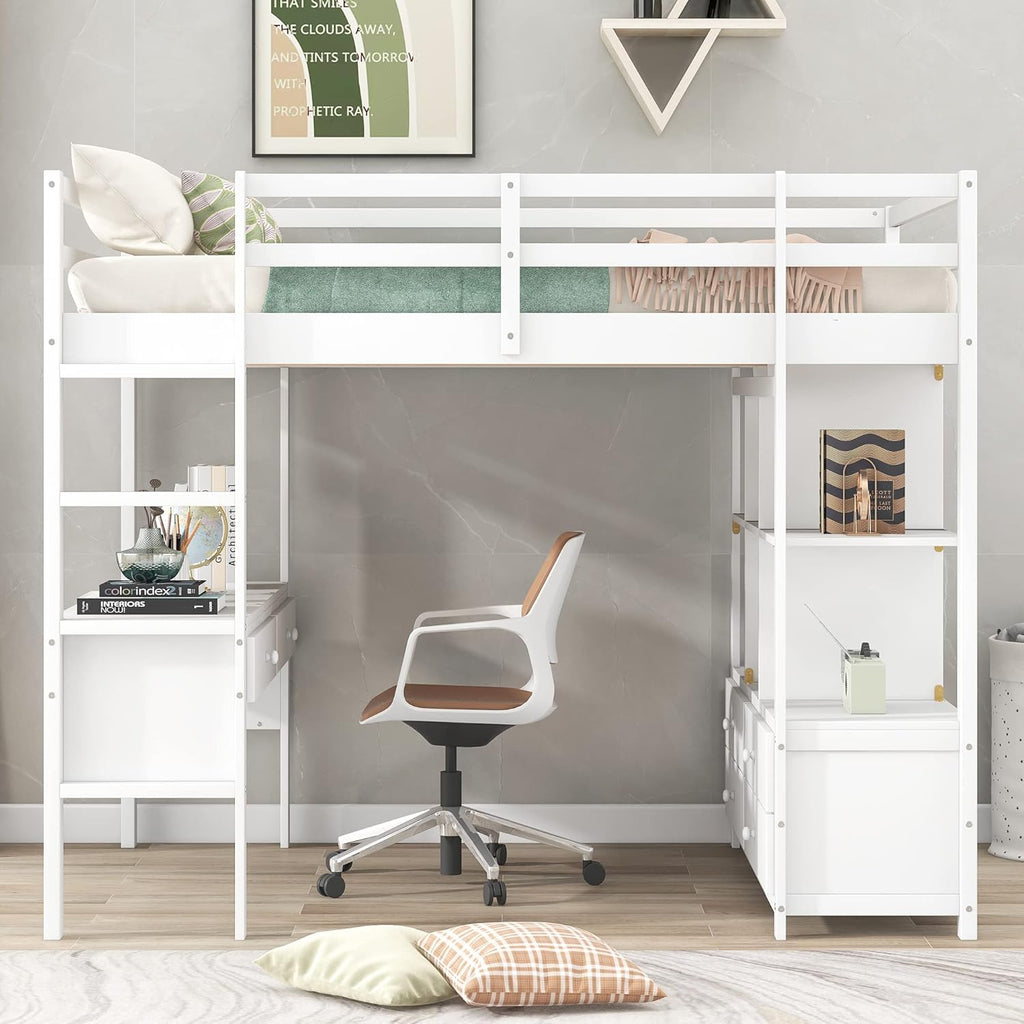 White Wooden Loft Bed with Built-in Desk and Two Drawers H377687