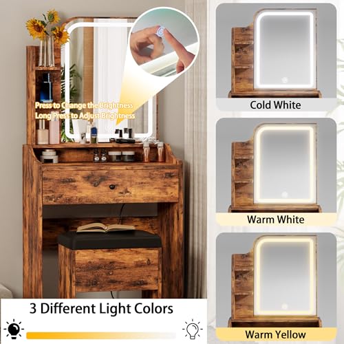 White Small Makeup Vanity Desk with Mirror and Lights, Vanity Table Set with Storage Drawer, Chair and Three Shelves P895