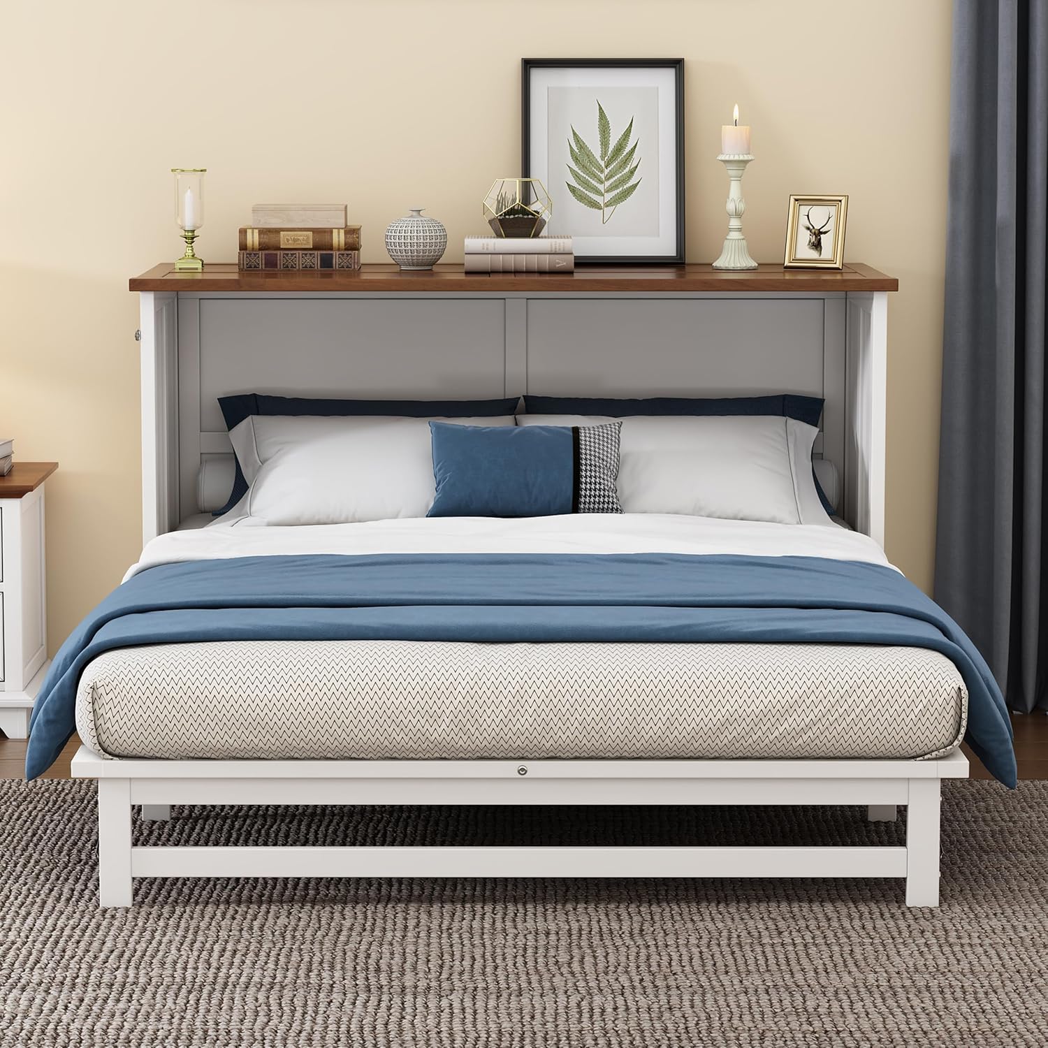 White+Walnut Full Size Murphy Bed with Large Drawer W2039