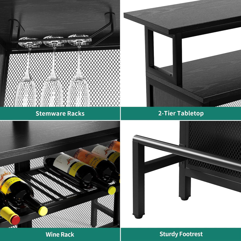Black L Shaped Mini Home Bar Unit with Music Sensing LED Light, Tall Bars Furniture Table with Wine Rack Alcohol Storage Glasses Hanger Footrest E3108