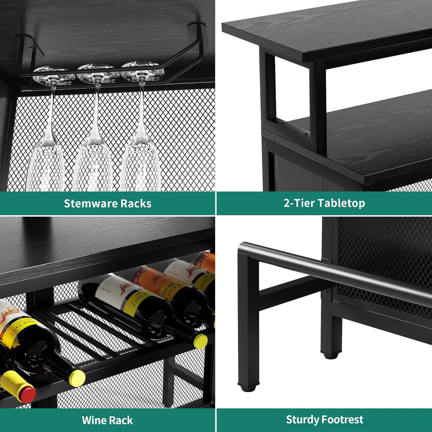Black L Shaped Mini Home Bar Unit with Music Sensing LED Light, Tall Bars Furniture Table with Wine Rack Alcohol Storage Glasses Hanger Footrest E3108