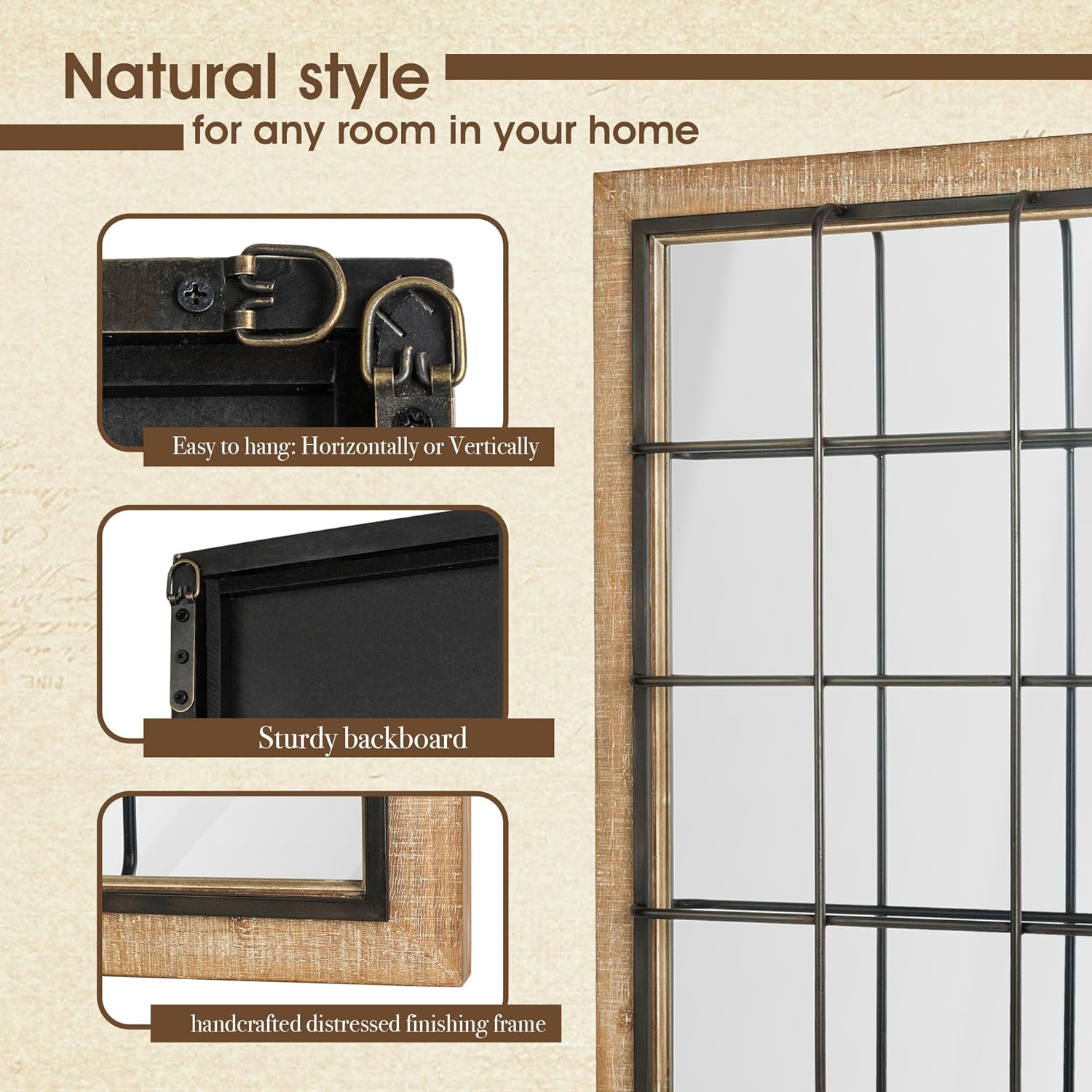 Windowpane Wall Mirror 24'' x 32'' Rectangle Wood Metal Frame F848