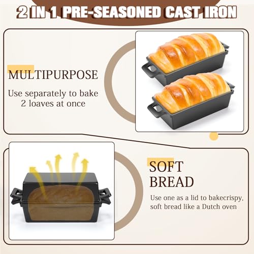 2 Piece 10 x 5 Inches Cast Iron Bread Pan with Lid Loaf Pans Set N5756