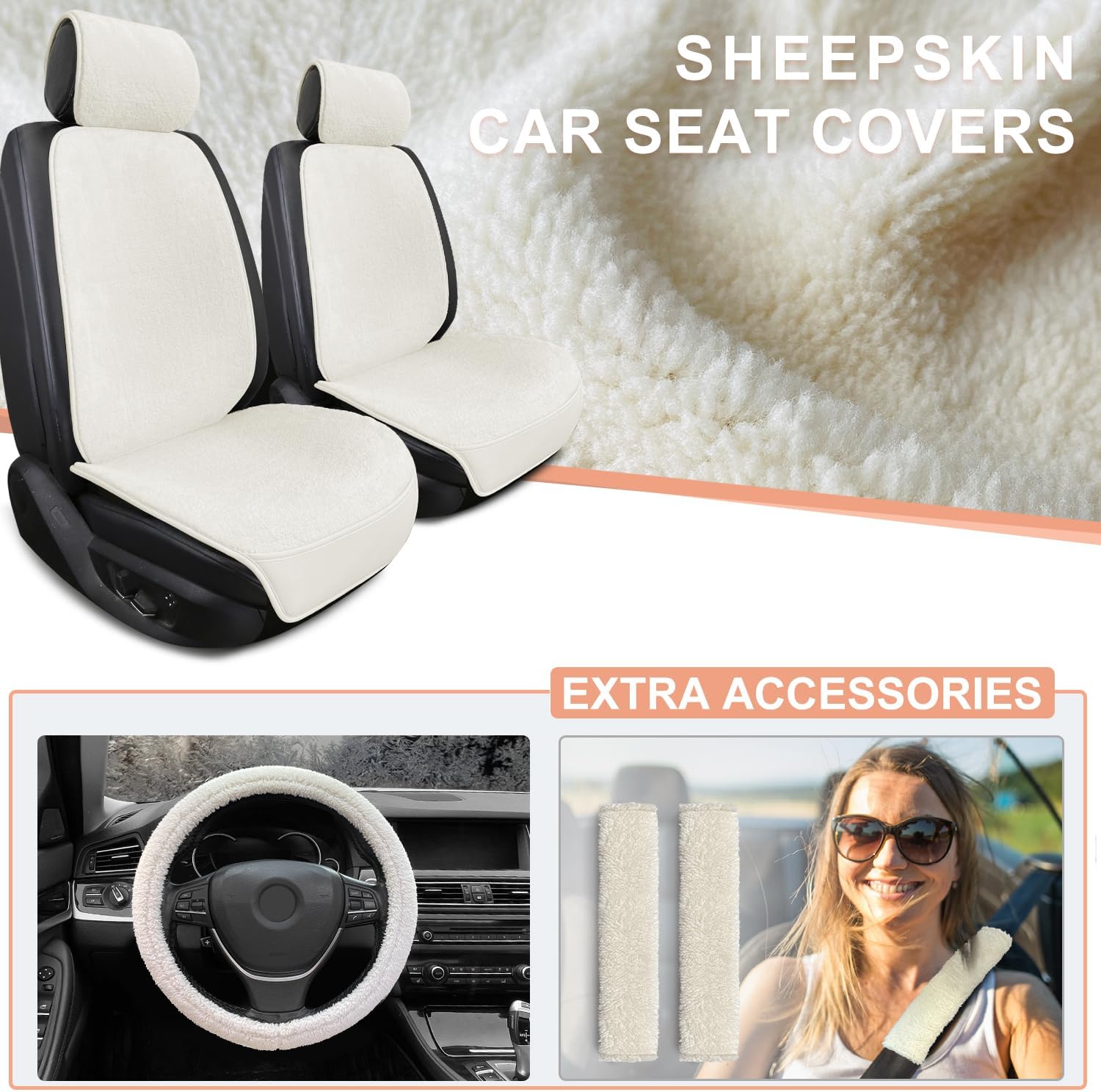 2 Pack White Faux Sheepskin Car Front Seat Cover Set with Steering Wheel Cover and Seat Belt Pad R74375