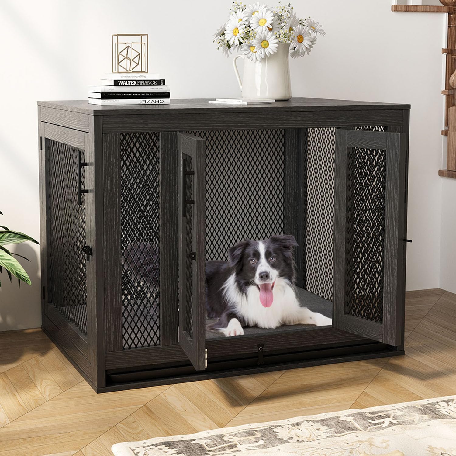 Wooden Dog Crate with Tray and Cushion S78953