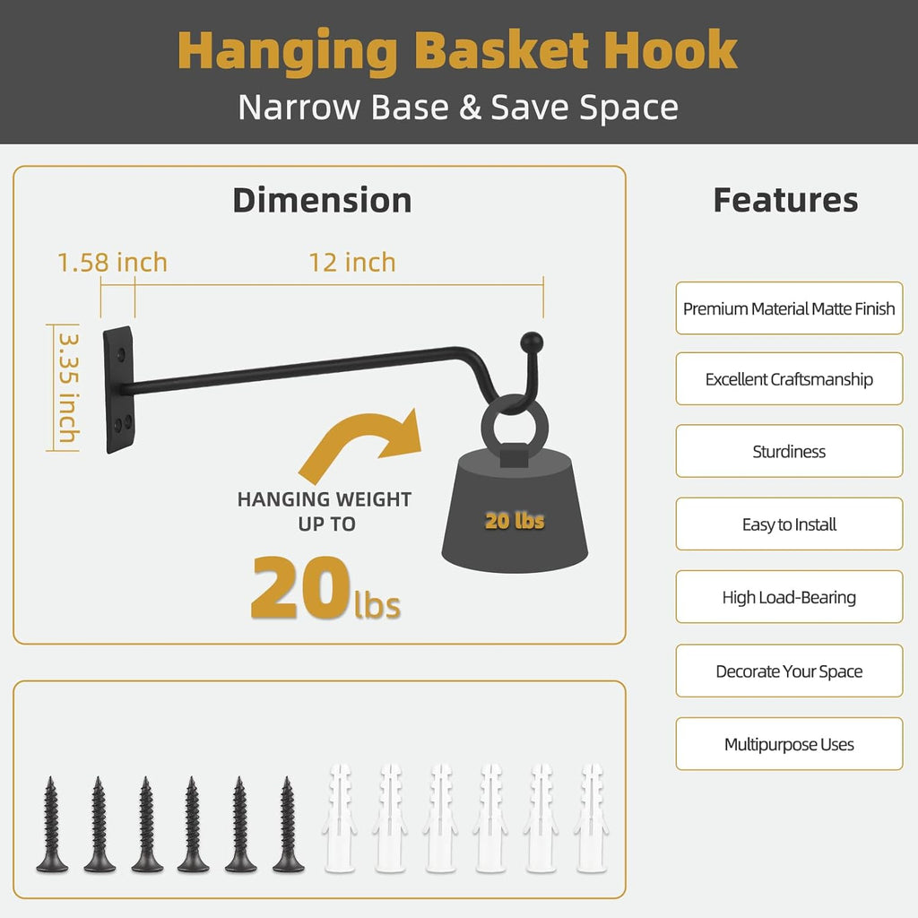Heavy Duty Metal Plant Hangers, 2 Pack-12 inches, Matte Black K691