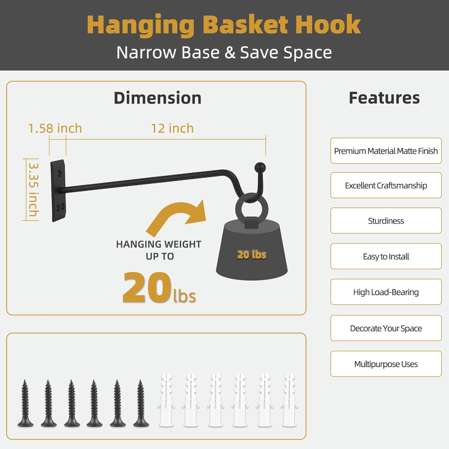 Heavy Duty Metal Plant Hangers, 2 Pack-12 inches, Matte Black K691