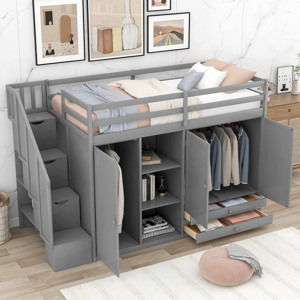 Twin Size Wooden Loft Bed with 3 Shelves, 2 Wardrobes, 2 Drawers, Ladder V848045