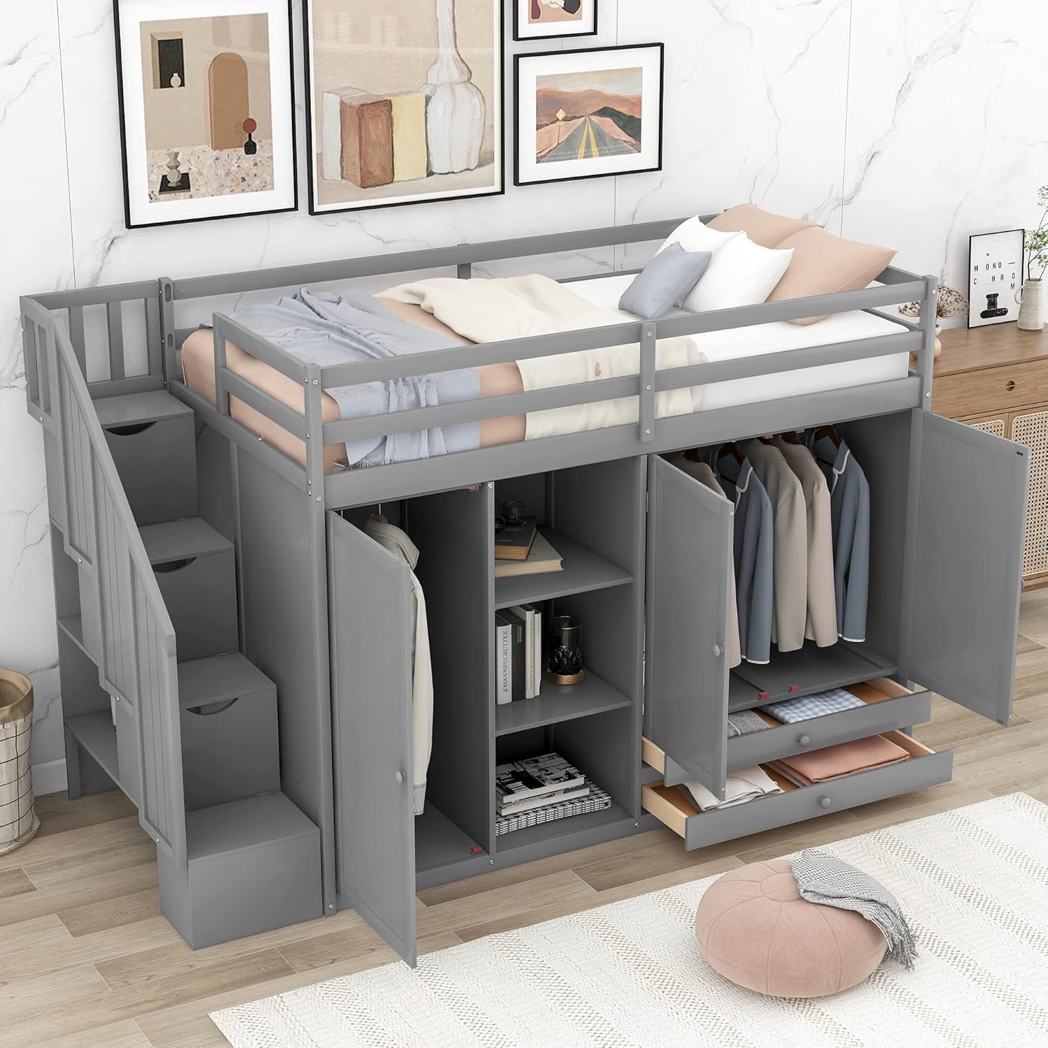 Twin Size Wooden Loft Bed with 3 Shelves, 2 Wardrobes, 2 Drawers, Ladder V848045
