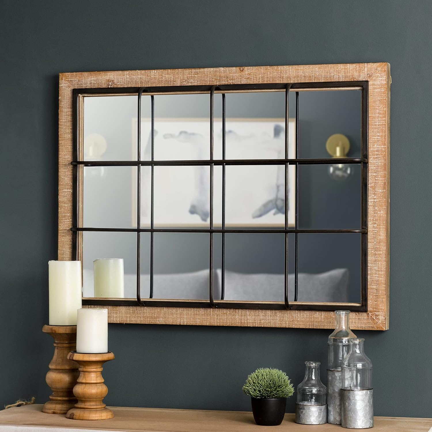 Windowpane Wall Mirror 24'' x 32'' Rectangle Wood Metal Frame F848