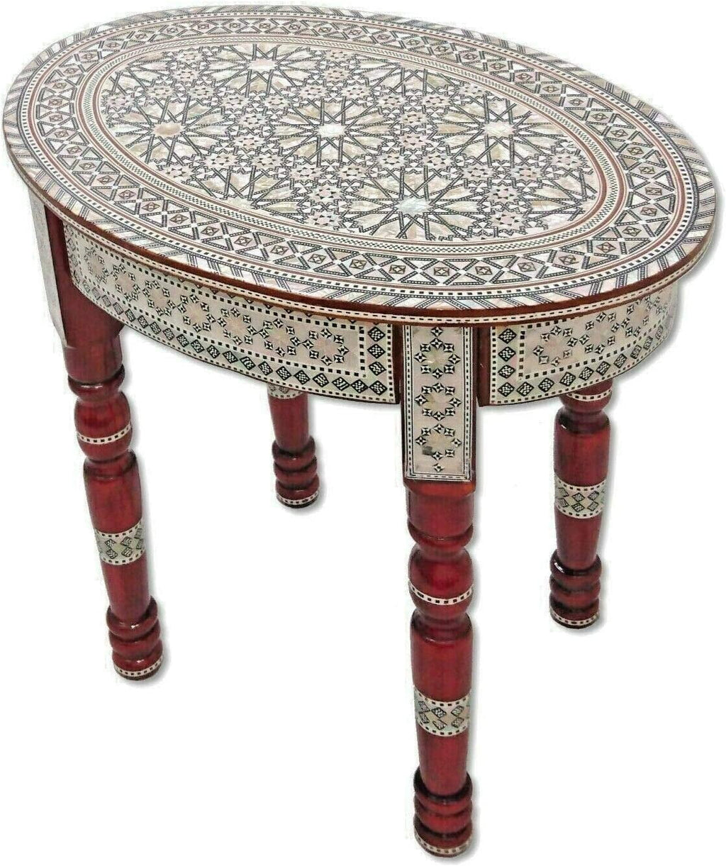 Moroccan Handmade Mother of Pearl Inlaid Coffee Side End Oval Brown Table H762047