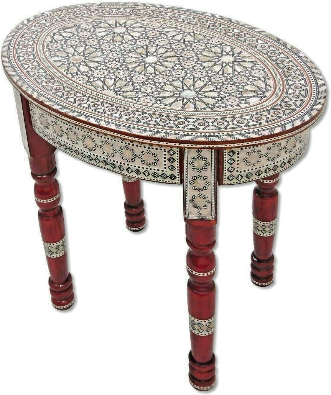 Moroccan Handmade Mother of Pearl Inlaid Coffee Side End Oval Brown Table H762047
