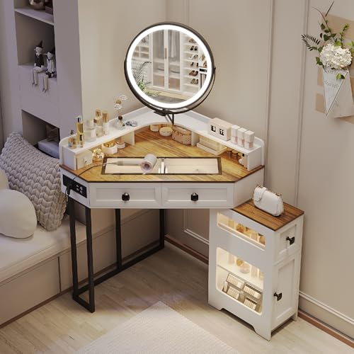 White Glass Top Corner Vanity Desk with Mirror and Lights, 4 Drawers Z437806