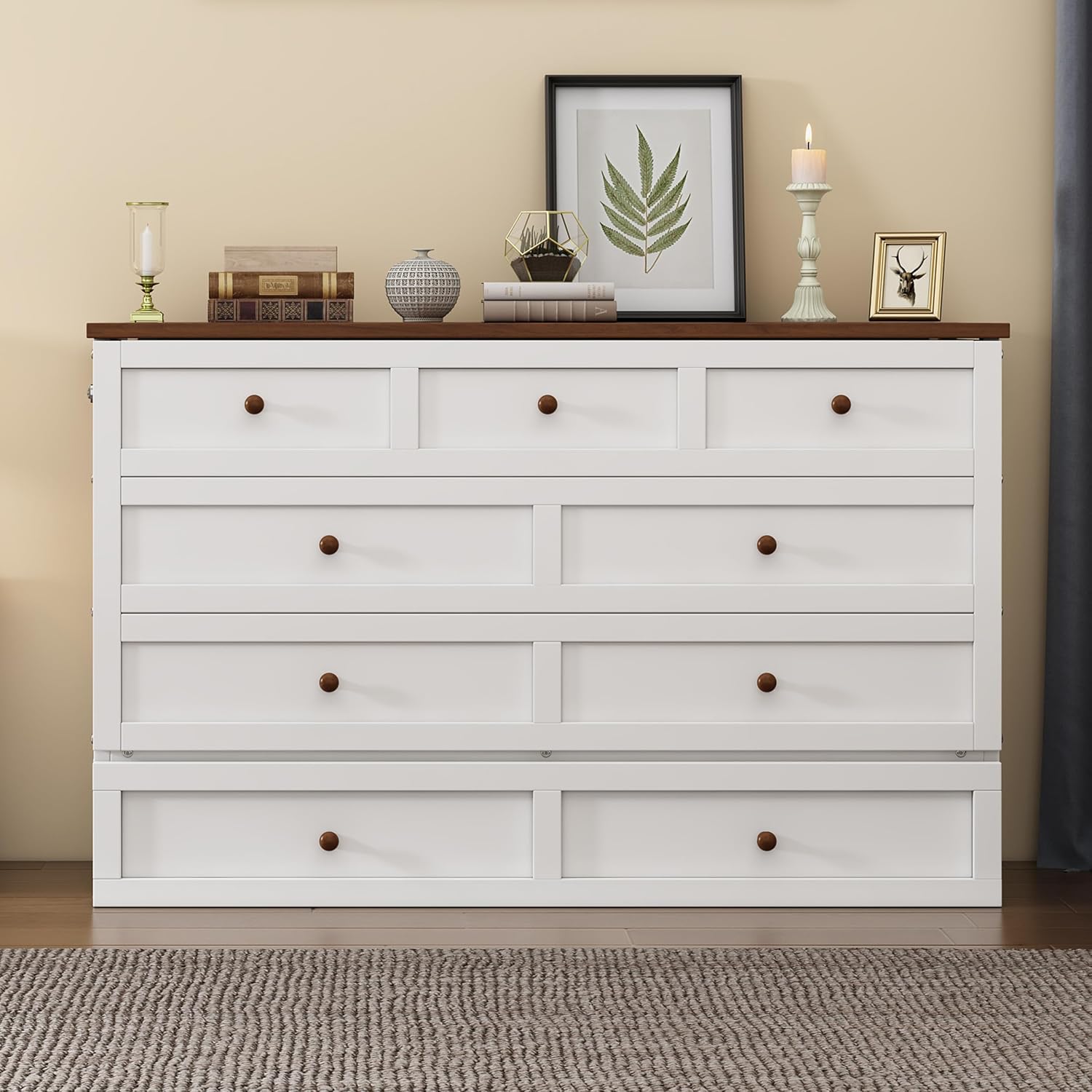 White+Walnut Full Size Murphy Bed with Large Drawer W2039