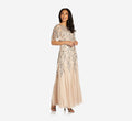 Long Floral Beaded Gown with Flutter Sleeves, Taupe Pink, Size: 14 O400