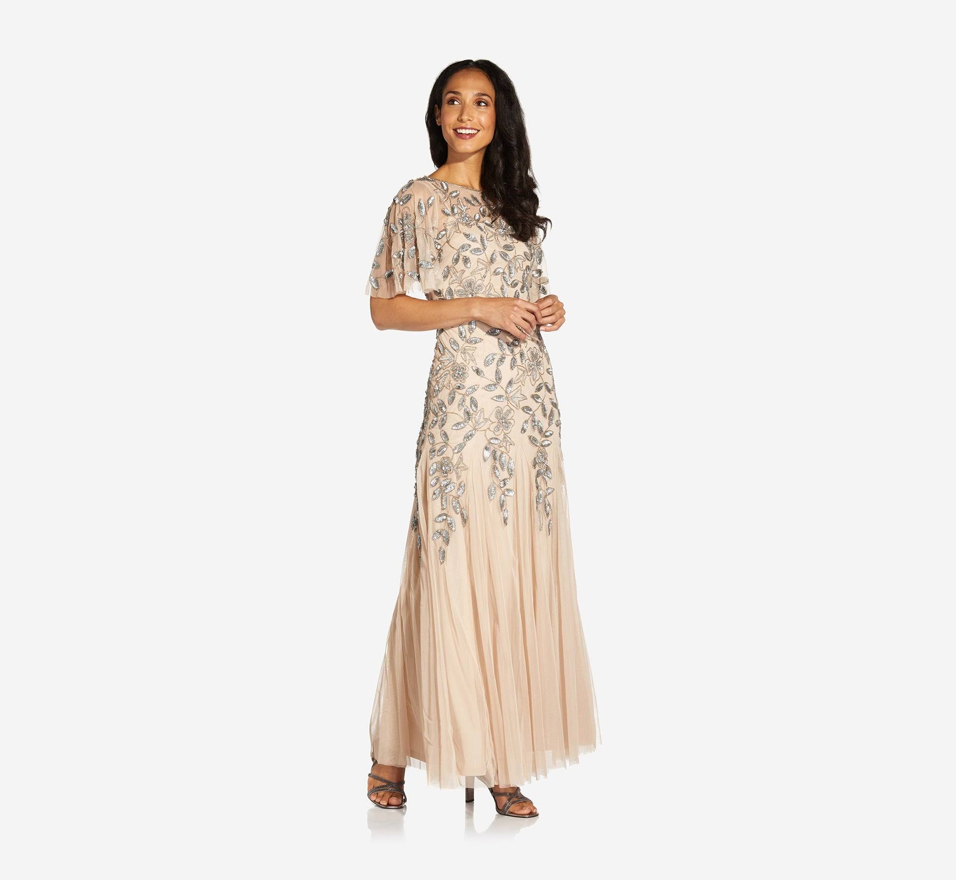 Long Floral Beaded Gown with Flutter Sleeves, Taupe Pink, Size: 14 O400