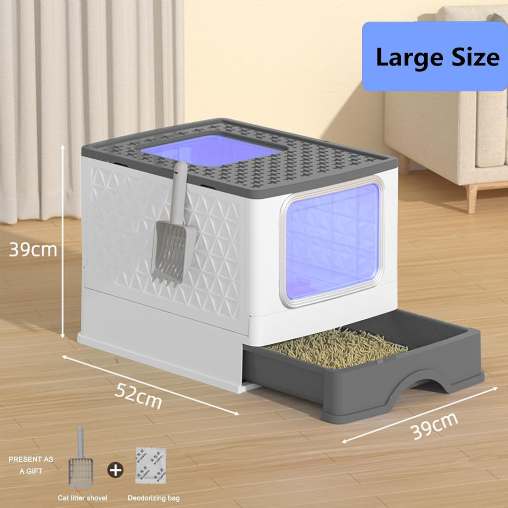 Foldable Enclosed Plastic Cat Litter Box with Litter Scoop (Light Gray) F80548