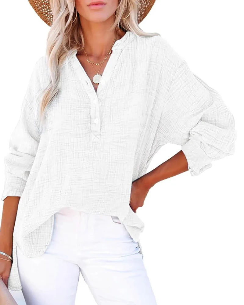 Womens Button V Neck Long Sleeve Shirts Solid Blouses Tops S585