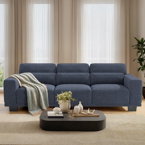 Blue 3 Seater Linen Sofa with Deep Seats G9345