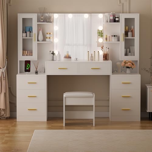 White Large Vanity Desk with Mirror and Lights 8 Drawers C6305