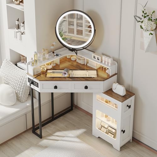 White Glass Top Corner Vanity Desk with Mirror and Lights, 4 Drawers Z437806