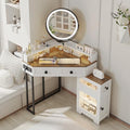 White Glass Top Corner Vanity Desk with Mirror and Lights, 4 Drawers Z437806