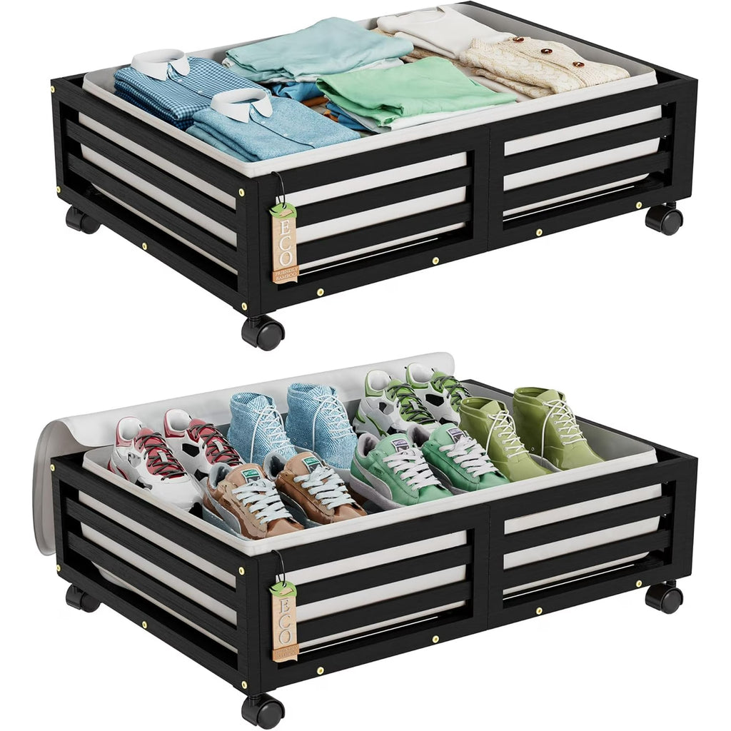 2 Pack Bamboo Under Bed Storage Containers with Wheels S444