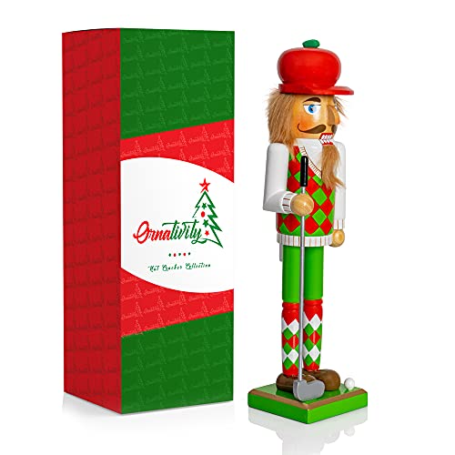 Red and Green Wooden Golf Player Nutcracker 15" E88379