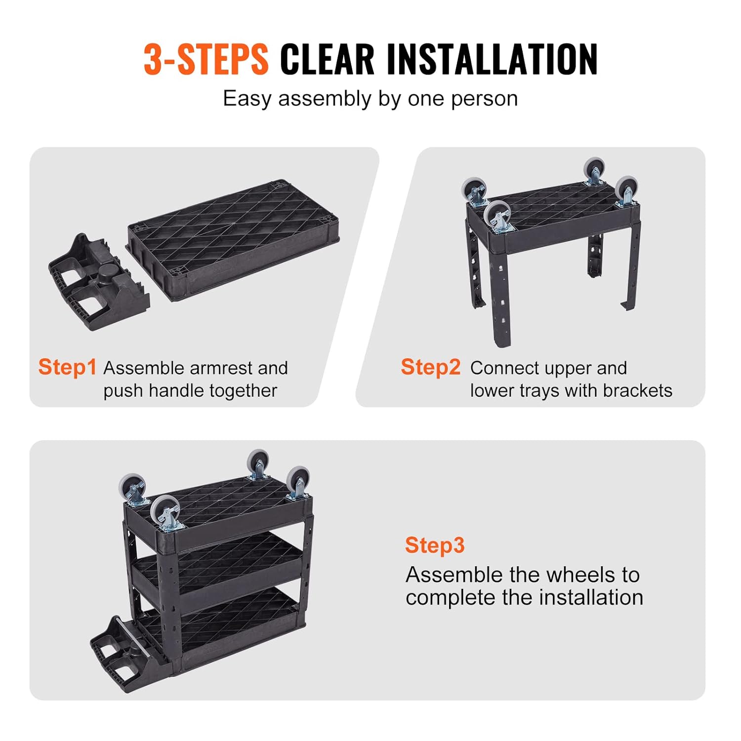 Black 3 Shelf Heavy Duty Utility Cart with Swivel Wheels G4780