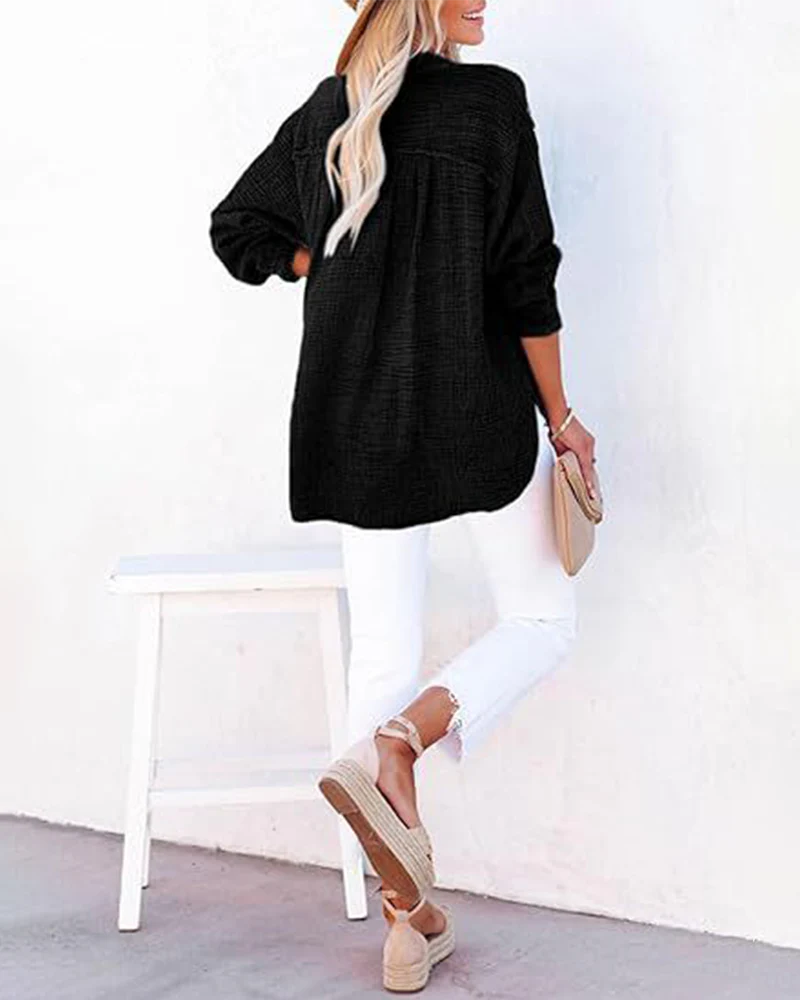 Womens Button V Neck Long Sleeve Shirts Solid Blouses Tops S585