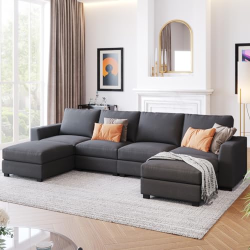 Large U-Shaped Sectional Sofa with Removable Ottomans, Gray Polyester N43038