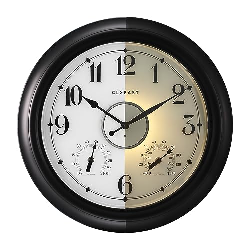 Illuminated Outdoor Clocks Waterproof 18 inch with Smart Sensor, Large Outdoor Clock with Thermometer & Hygrometer, Oil Rubbed Bronze Black H7723