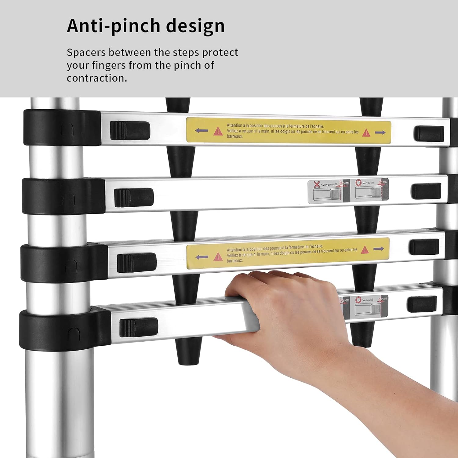 Telescoping Ladder 9.5 ft Aluminum Anti-Pinch Collapsible Ladder 330 lbs Capacity D94839