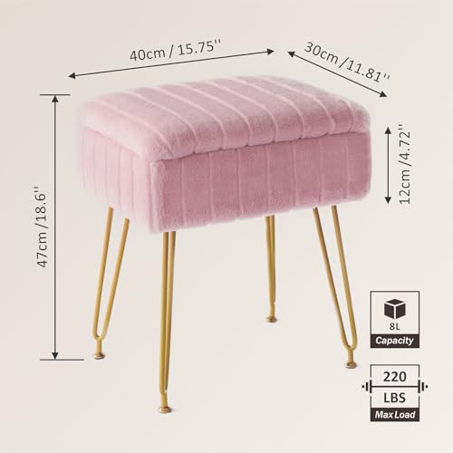 Pink Faux Fur Vanity Stool with Gold Metal Legs and Hidden Storage D82562
