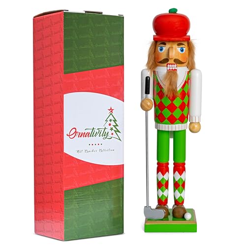 Red and Green Wooden Golf Player Nutcracker 15" E88379