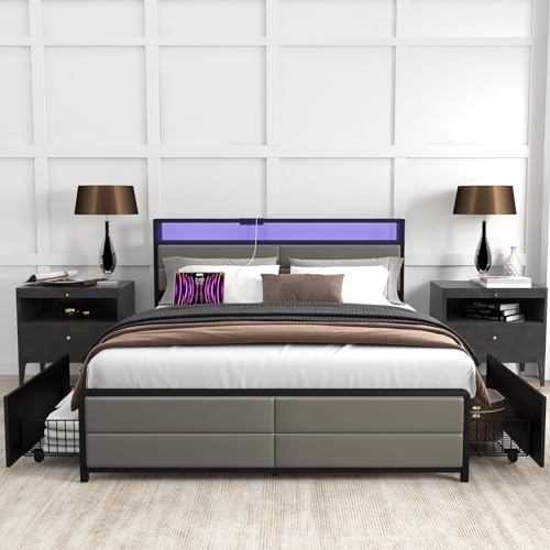 Grey Full Size Bed Frame with 4 Storage Drawers Q115945