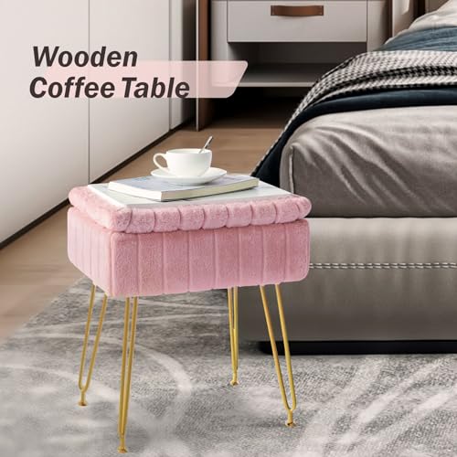 Pink Faux Fur Vanity Stool with Gold Metal Legs and Hidden Storage D82562