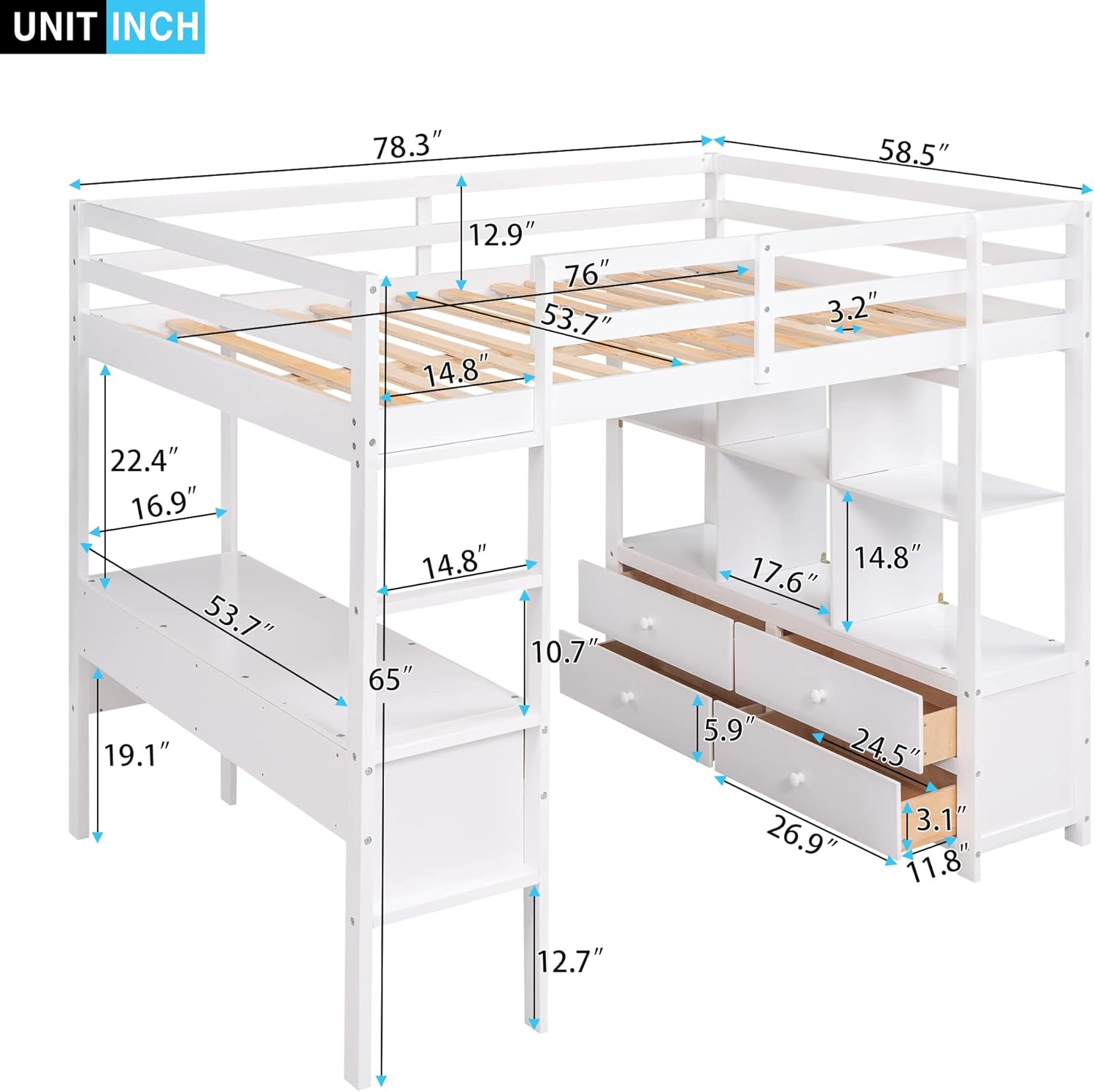 White Wooden Loft Bed with Built-in Desk and Two Drawers H377687